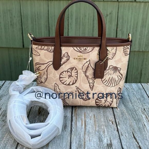 City Mini Tote Bag In Signature Canvas With Shell Print Crossbody Purse Beach - Picture 6 of 8